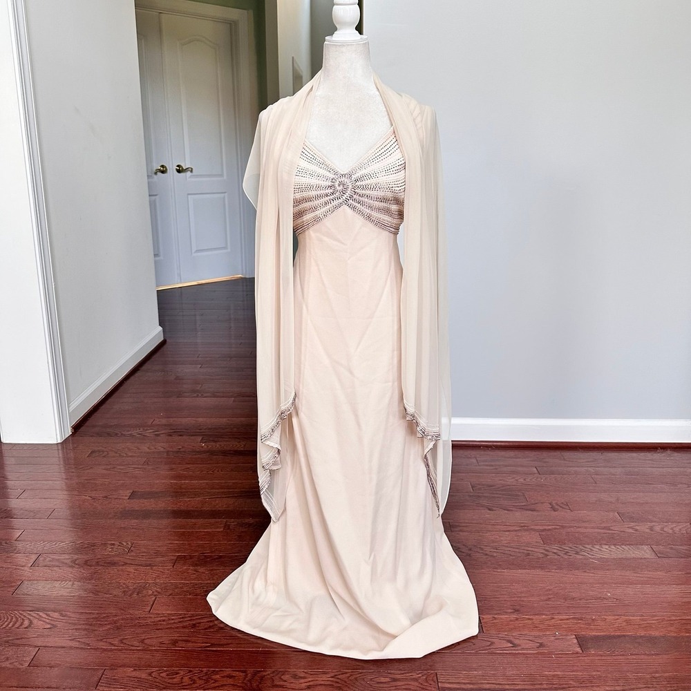 Daymor Couture Beaded Embellished Beige 2 Piece Dress & Shawl Matching Set